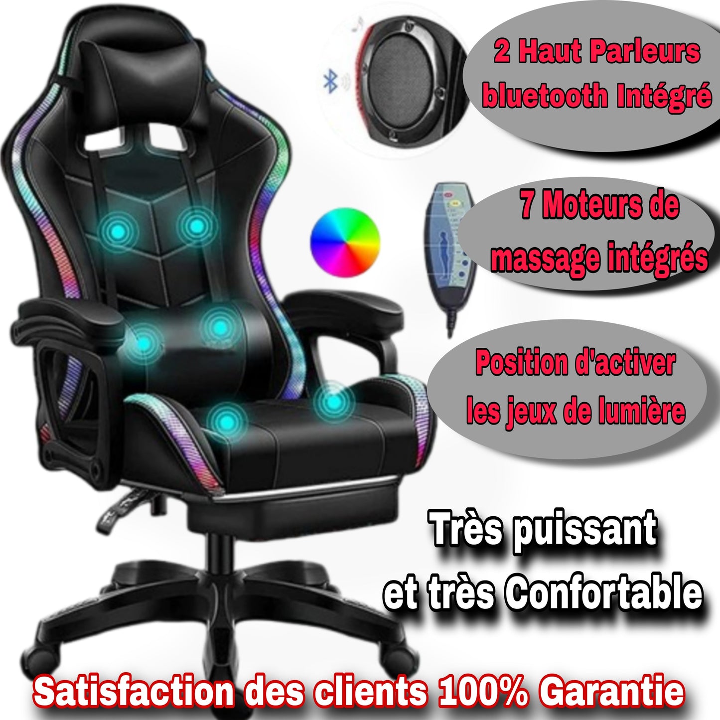CHAISE DG LUXE AVEC MASSAGE, LUMIERE LED ET BLEUTOOTH